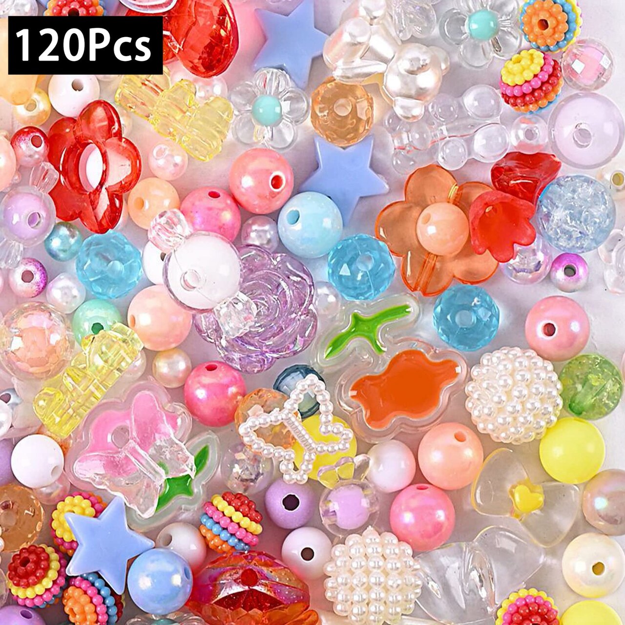 120 Pieces Acrylic Assorted Beads Mix Color Flower Heart Butterfly Candy Beads Pastel Beads Candy Color Plastic Beads Cute Round Beads Bulk for Bracelets Jewelry Making Necklaces DIY Crafts